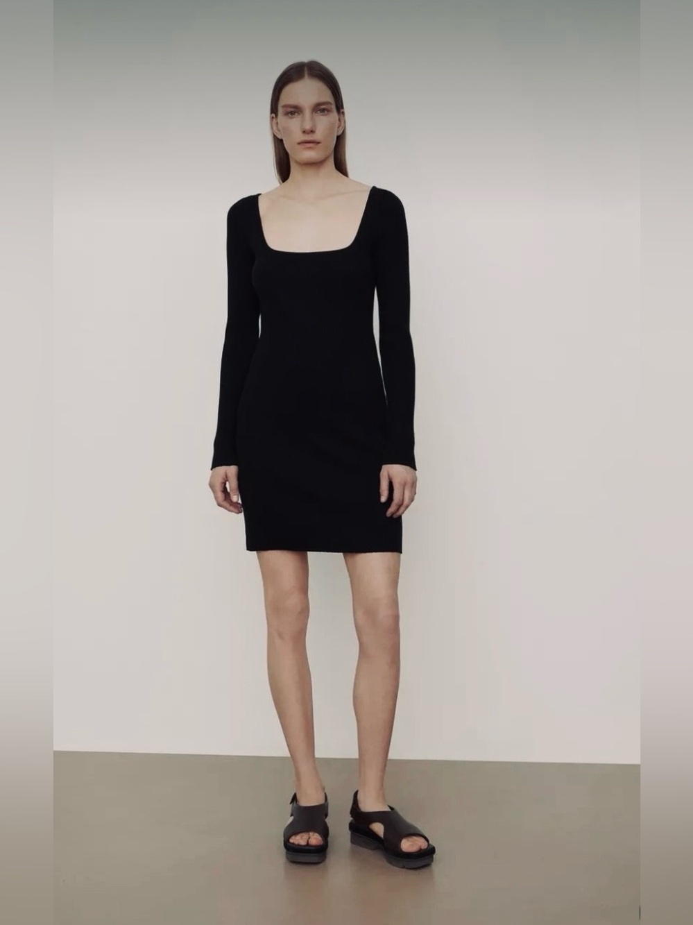 Vince NWT Ribbed Long Sleeved Cotton Blend  Square Neck Knit Mini Dress XS
